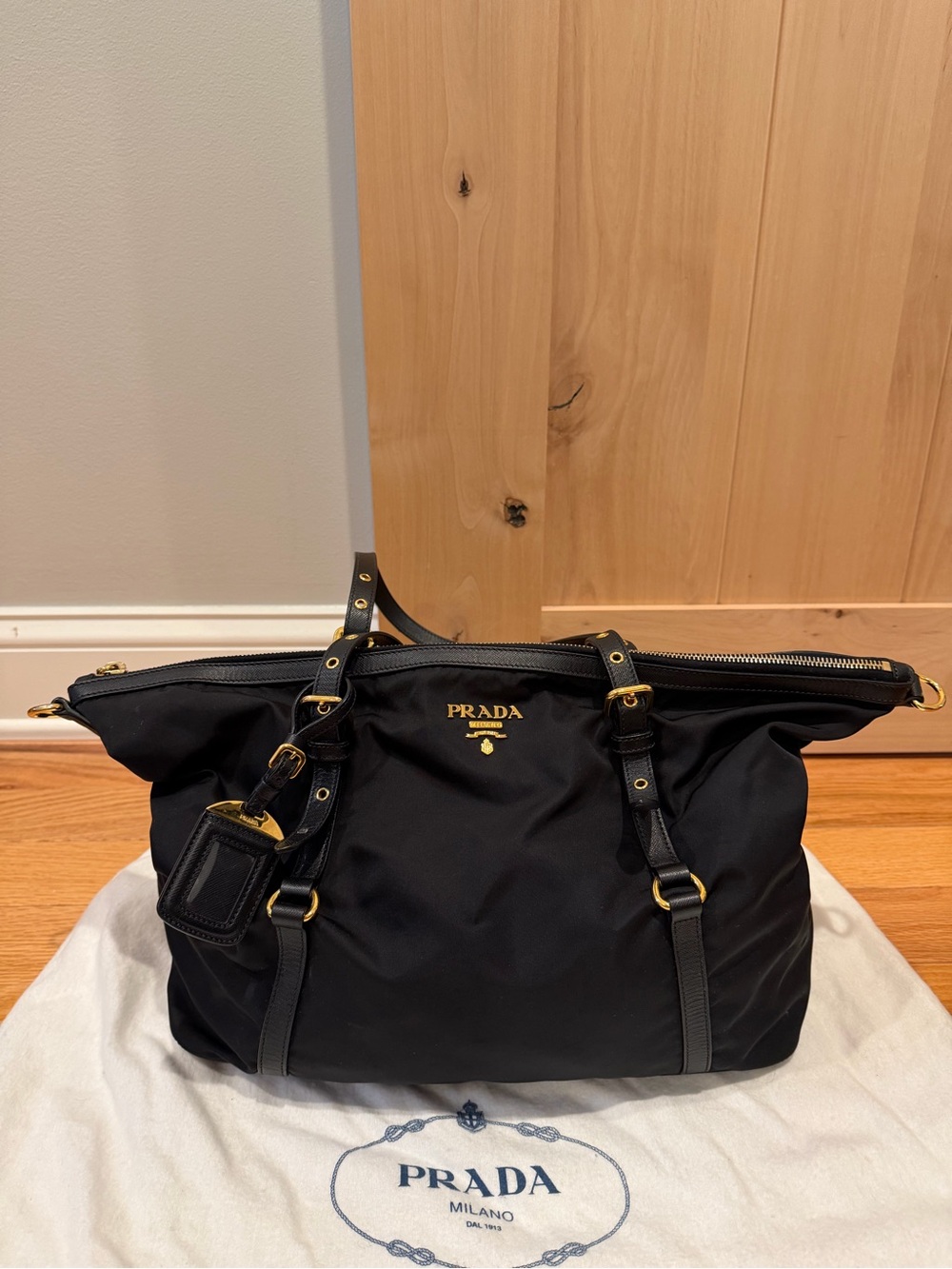 Prada Black Nylon Shoulder Tote with Gold Hardware